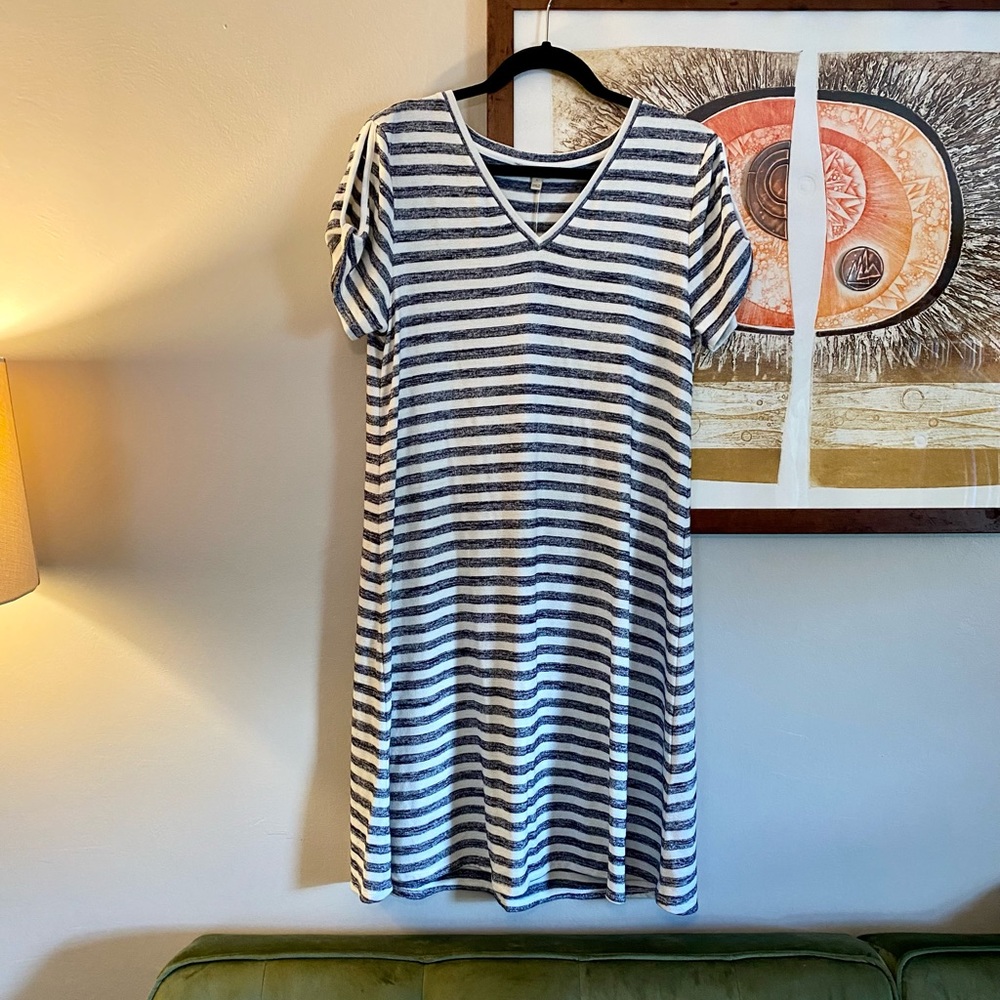 NWOT 41 Hawthorn v-neck navy blue and white stripe dress